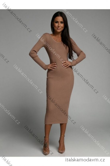 Šaty dlhé úpletové dlhý rukáv dámske (S/M ONE SIZE) POLSKÁ MÓDA IMLAZ24PL6089-1/DUR -   béžová -   S / M