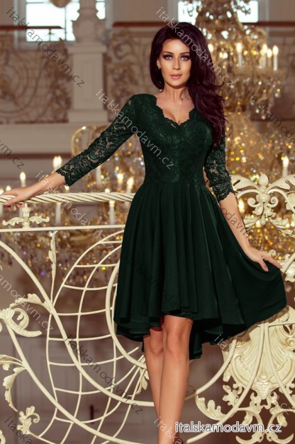 Šaty elegantní společenské s krajkou dlouhý rukáv dámský (S - 3XL) polská moda 210-3 NICOLLE NMC-210-3/DR zelená smaragdová 2XL