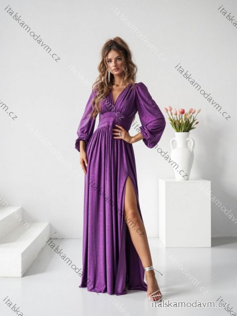 Šaty dlouhé elegantní třpytivé dlouhý rukáv dámské nadrozměr (34-50) POLSKÁ MÓDA PMLWD24RAMONA9 tmavě fialová 40