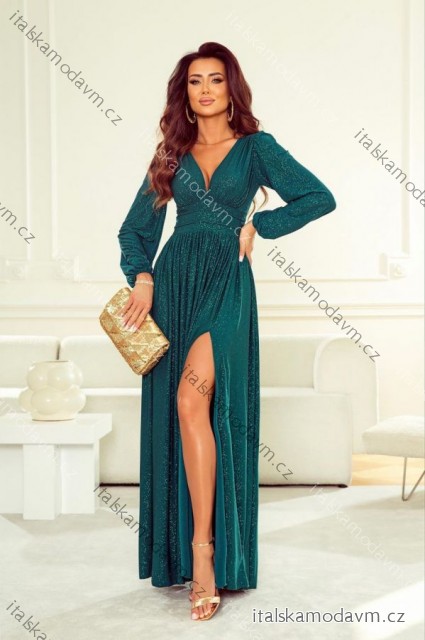 Šaty dlouhé elegantní třpytivé dlouhý rukáv dámské nadrozměr (34-50) POLSKÁ MÓDA PMLWD24RAMONA11 tmavě zelená 36