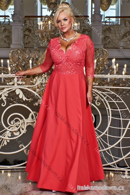 Šaty dlhé elegantné spoločenské 3/4 rukáv dámske nadrozmer (36-56) POLSKÁ MÓDA PMLBF24CARMEN1 ružová malinová 46