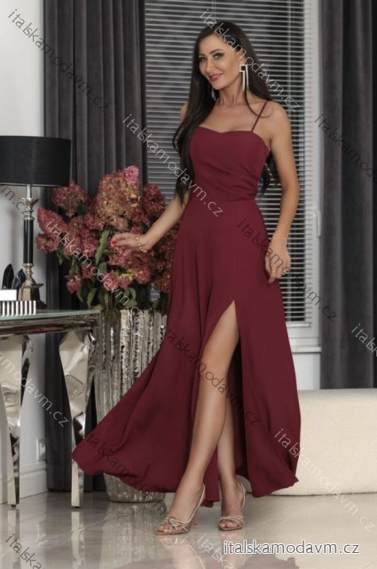 Šaty dlouhé společenské na ramínka dámské (32-42) POLSKÁ MÓDA PMLEL24NATHALIE10 vínová 32