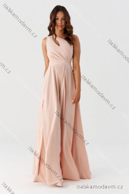Šaty dlouhé společenské saténové třpytivé bez rukávu dámské madrozměr (34-44) POLSKÁ MÓDA PMLMR25JULIA1 oranžová broskvová 34