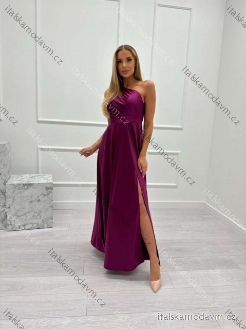 Šaty dlouhé společenské saténové třpytivé bez rukávu dámské madrozměr (34-44) POLSKÁ MÓDA PMLMR25JULIA3 fialová 42
