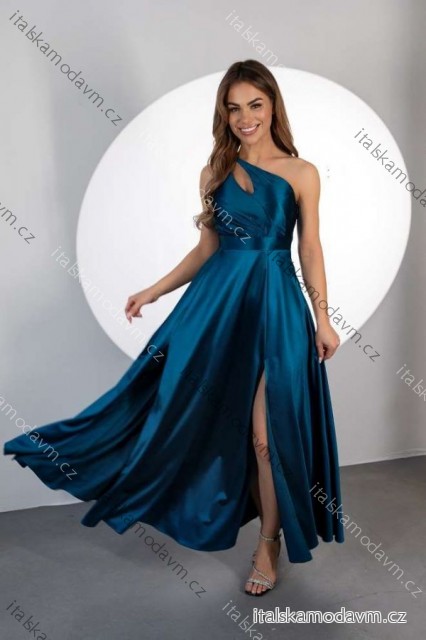 Šaty dlhé spoločenské saténové trblietavé bez rukávu dámske nadrozmer (34-44) POLSKÁ MÓDA PMLMR25JULIA5 modrá petrolejová 34