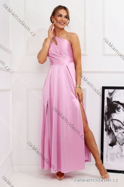 Šaty dlhé spoločenské saténové trblietavé bez rukávu dámske nadrozmer (34-44) POLSKÁ MÓDA PMLMR25JULIA6 ružová 38