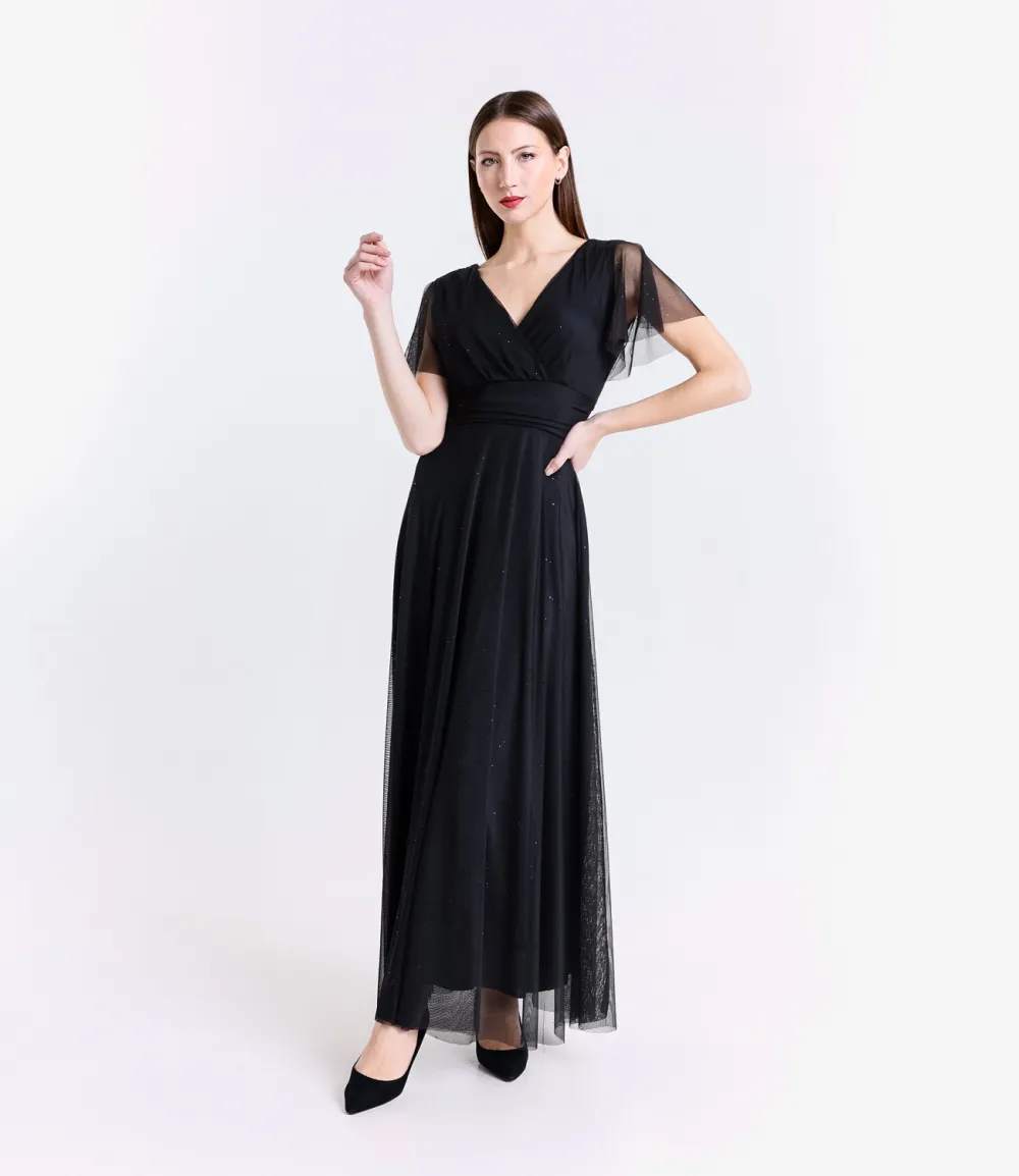 Šaty dlhé trblietavé spoločenské krátky rukáv dámske (S/M/L ONE SIZE) TALIANSKA MÓDA IMPSH2423589