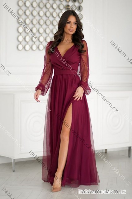 Šaty spoločenské dlhý rukáv dámske (34-48) POLSKÁ MÓDA PMLBC24302-10/DUR 40 vínová