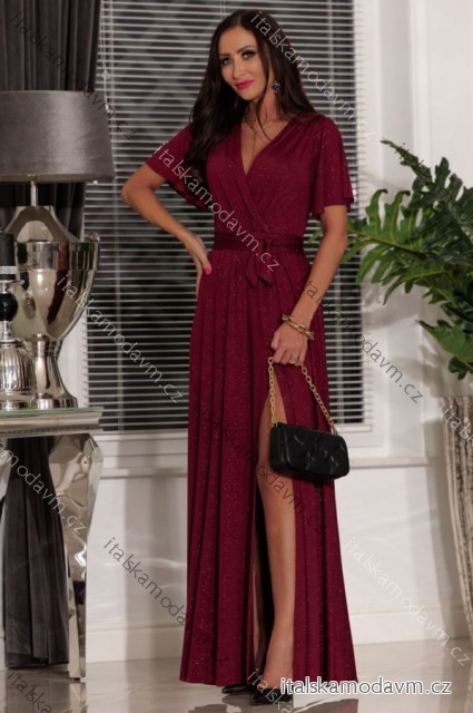 Šaty dlouhé společenské krátký rukáv dámské (S - 2XL) POLSKÁ MÓDA PMLEL24BELLA vínová XL
