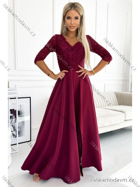 309-9 AMBER elegantní dlouhé maxi šaty s krajkovým výstřihem - vínové NMC-309-9/DU vínová XXL