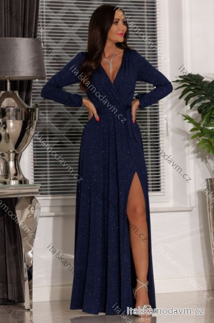 Šaty dlhé elegantné trblietavé dlhý rukáv dámske (S-2XL) POLSKÁ MÓDA PMLEL24SALMA-B/DUR XL tmavo modrá