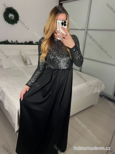 Šaty dlouhé společenské flitrové dlouhý rukáv dámské (S/M ONE SIZE) ITALSKÁ MÓDA IMPGM2324526/DUR -   stříbrná -   S/M