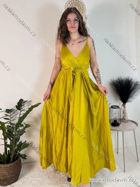 Šaty dlhé letné saténové s opaskom na ramienka dámske (S/M ONE SIZE) TALIANSKA MÓDA IMM22INFINITE/DUR okrová S/M/L