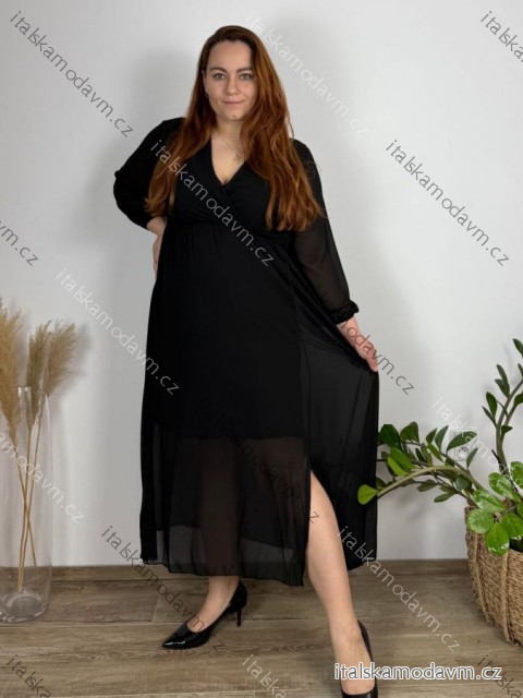 Šaty dlhé šifónové dlhý rukáv dámske nadrozmer (46/48/50 ONE SIZE) TALIANSKA MÓDA IM425133/DUR 46/48 čierna