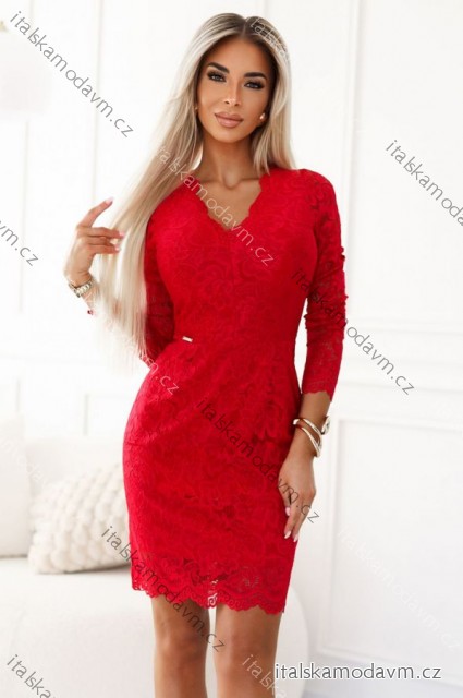 170-16 Krajkové šaty s dlouhým rukávem a výstřihem - červené