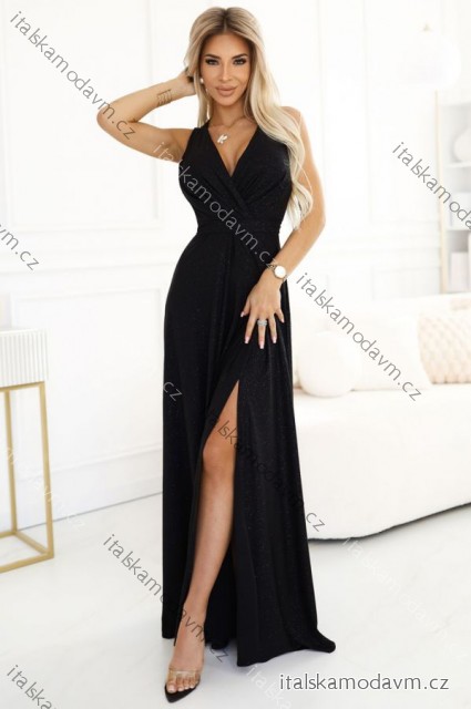 587-1 MONIQUE long exclusive dress with neckline and leg slit - black with glitter
