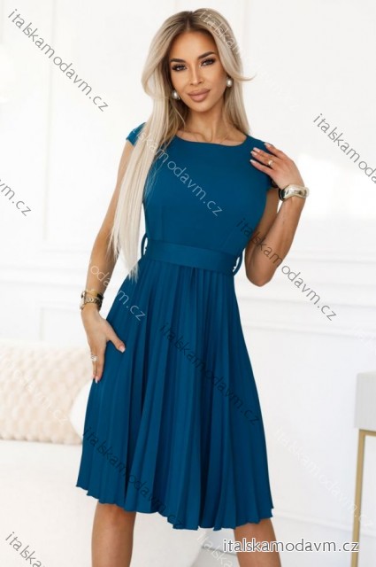 311-17 LILA Klasické skladané šaty s krátkym rukávom a opaskom - morská farba