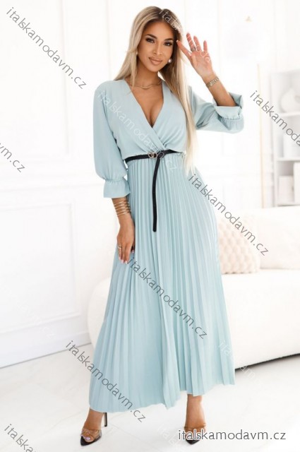 462-3 SERENA Plisované maxi šaty s výstřihem, páskem a 3/4 rukávy - Pastel Sage