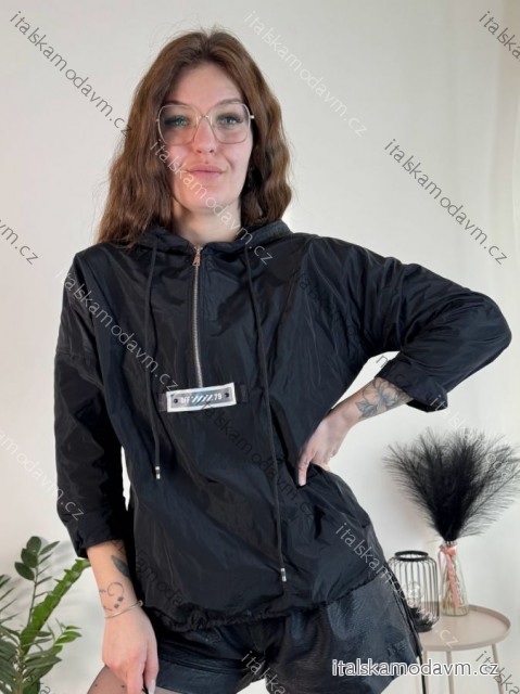 Bunda šusťáková s kapucí dámská nadrozměr (S/M/L ONE SIZE) ITALSKÁ MÓDA IMD22189 čierna S/M/L