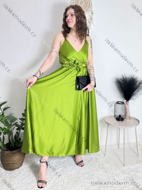 Šaty dlhé letné saténové s opaskom na ramienka dámske (S/M ONE SIZE) TALIANSKA MÓDA IMM22INFINITE/DUR -   zelená hrášková -   S / M