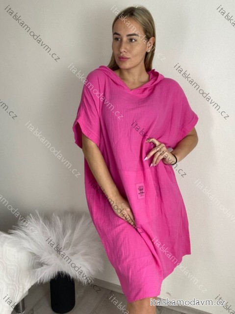 Šaty letní bavlněné mušelín s kapucí krátký rukáv dámské nadrozměr (52/54/56 ONE SIZE) ITALSKÁ MÓDA IM425154/DUR