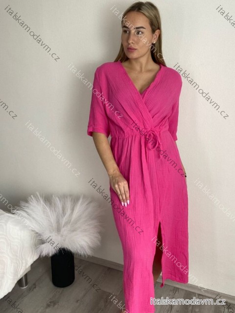 Šaty dlouhé letní mušelínové krátký rukáv dámské (S/M/L ONE SIZE) ITALSKÁ MÓDA IM424404/DUR tm. růžová M/L