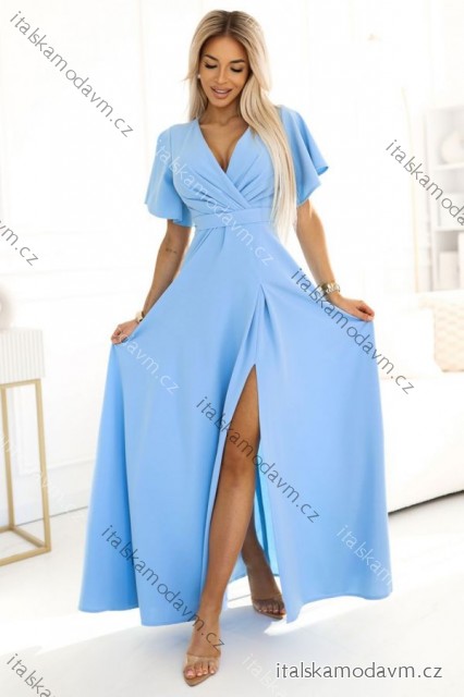 Šaty společenské dlouhé elegantní s rozparkem krátký rukáv JENNIFER dámské (S-2XL) polská moda NMC-581-3/DUR svetlo modrá L