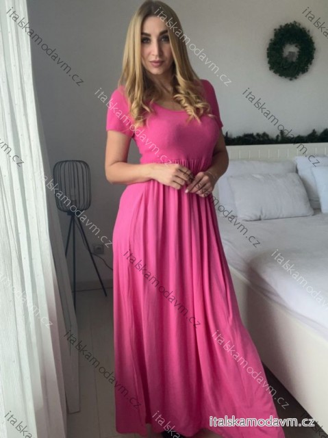Šaty dlouhé letní krátký rukáv dámské (S/M/L ONE SIZE) ITALSKÁ MÓDA IM425MARIA-M/DUR tm. růžová S/M/L