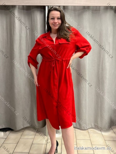 Šaty dlhé košeľové sťahovací dlhý rukáv dámske nadrozmer (48/50/52 ONE SIZE) TALIANSKA MÓDA IM425081/DUR červená 50/52