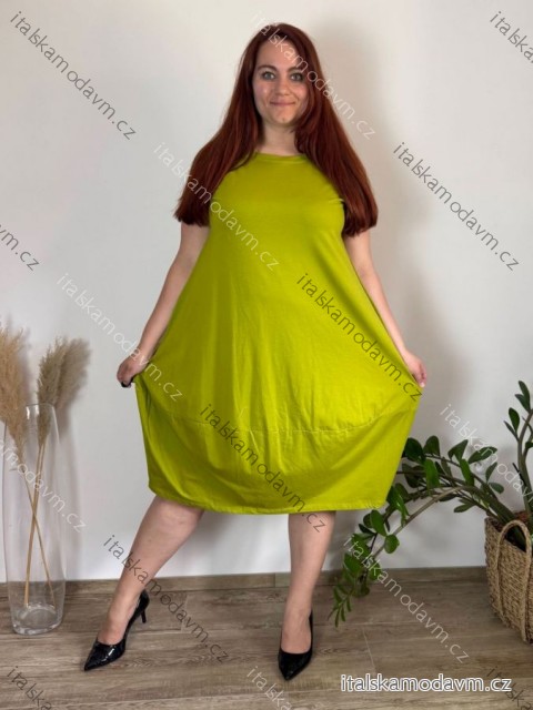 Šaty oversize letní krátký rukáv dámské nadrozměr (52/54 ONE SIZE) ITALSKÁ MÓDA IMWT24079/DUR zelená hrášek 52/54