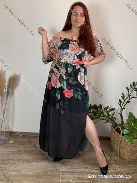 šaty dlouhé šifon carmen květované dámské nadrozměr (52/54/56 ONE SIZE) ITALSKÁ MÓDA IMWT24075/DUR