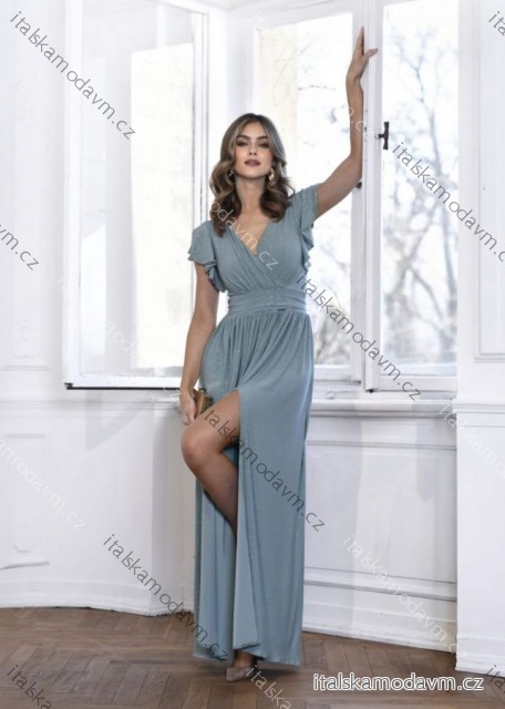 Šaty dlhé elegantné trblietavé krátky rukáv dámske nadrozmer (36-48) POLSKÁ MÓDA PMLMC25SELENA3 zelená olivová 36