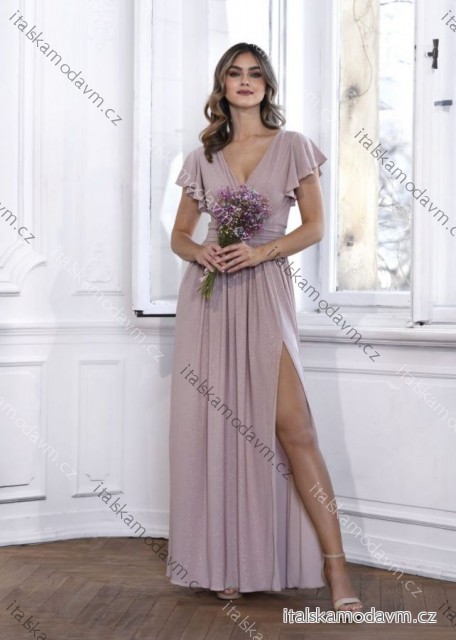 Šaty dlhé elegantné trblietavé krátky rukáv dámske nadrozmer (36-48) POLSKÁ MÓDA PMLMC25SELENA5 béžová 36