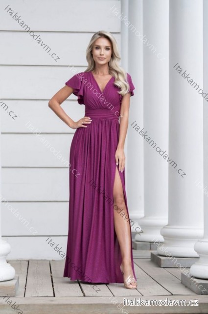 Šaty dlhé elegantné trblietavé krátky rukáv dámske nadrozmer (36-48) POLSKÁ MÓDA PMLMC25SELENA8 růžová fuchsiová 40