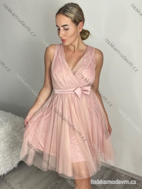 Šaty společenské elegantní krátké bez rukávů tilové dámské Nikol (S/M ONE SIZE) ITALSKá MóDA IMM22305/DR starorůžová