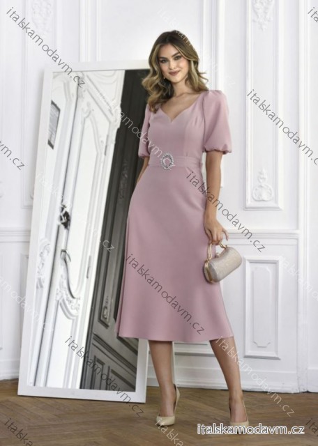 Šaty elegantní s páskem krátký rukáv dámské nadrozměr (36-46) POLSKÁ MÓDA PMLMC25PARIS1 růžová starorůžová 42