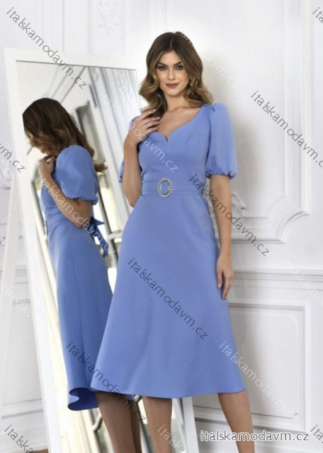 Šaty elegantní s páskem krátký rukáv dámské nadrozměr (36-46) POLSKÁ MÓDA PMLMC25PARIS3 modrá džínová 40