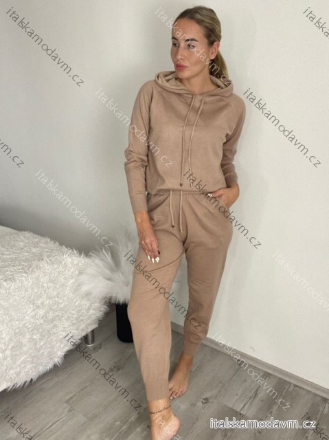 Súprava úpletová sveter s kapucňou a nohavicami dámska (S/M ONE SIZE) TALIANSKA MÓDA IMPMD237076/DR S / M hnedá