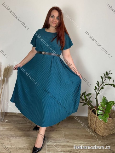 Šaty dlouhé elegantní plisované krátký rukáv dámské nadrozměr (54/56/58 ONE SIZE) ITALSKÁ MÓDA IM425AMOR/DR petrolejová 54/56/58