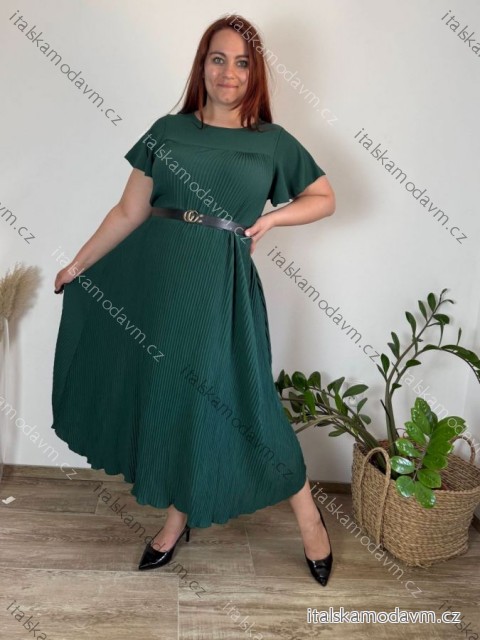 Šaty dlouhé elegantní plisované krátký rukáv dámské nadrozměr (54/56/58 ONE SIZE) ITALSKÁ MÓDA IM425AMOR/DR smaragdová 54/56/58