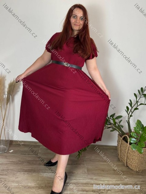 Šaty dlouhé elegantní plisované krátký rukáv dámské nadrozměr (54/56/58 ONE SIZE) ITALSKÁ MÓDA IM425AMOR/DR vínová 54/56/58
