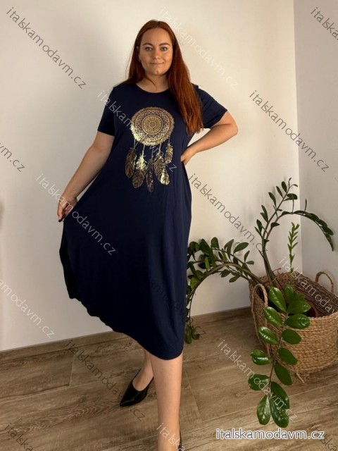 Šaty dlhé oversize krátky rukáv dámske viskoza nadrozmer Lapač Snov (2XL/3XL/4XLONE SIZE) TALIANSKA MÓDA MD22450/DUR tmavo modrá 2XL/3XL