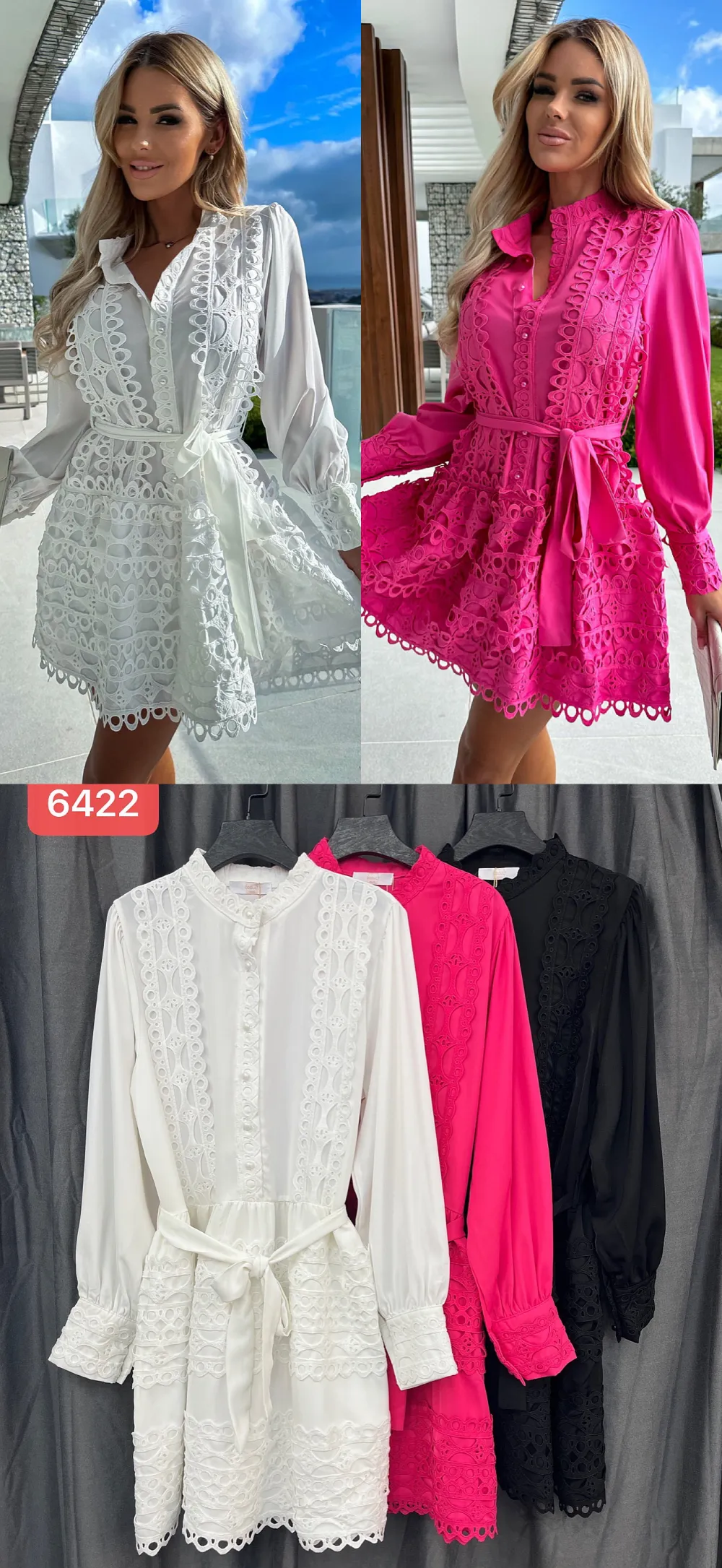 Šaty krátké letní krajkové dlouhý rukáv dámské (S/M/L ONE SIZE) ITALSKÁ MÓDA IMPOC256422