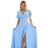 Šaty společenské dlouhé elegantní s rozparkem krátký rukáv JENNIFER dámské (S-2XL) polská moda NMC-581-3/DUR svetlo modrá L