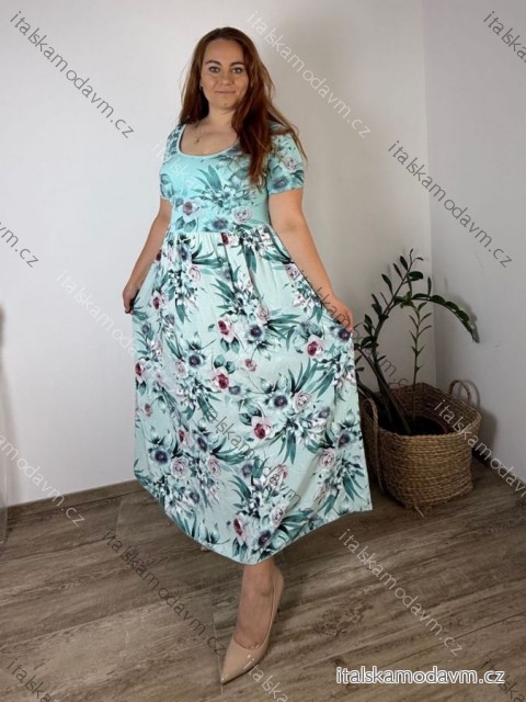 Šaty dlouhé letní krátký rukáv dámské nadrozměr MARIA (50/52/54 ONE SIZE) ITALSKÁ MÓDA IM425252/DU sv. modrá 50/52/54