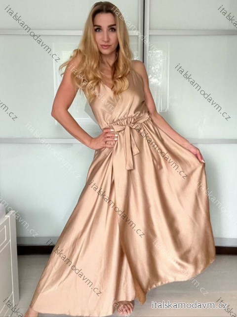 Šaty dlhé letné saténové s opaskom na ramienka dámske (S/M ONE SIZE) TALIANSKA MÓDA IMM22INFINITE/DUR