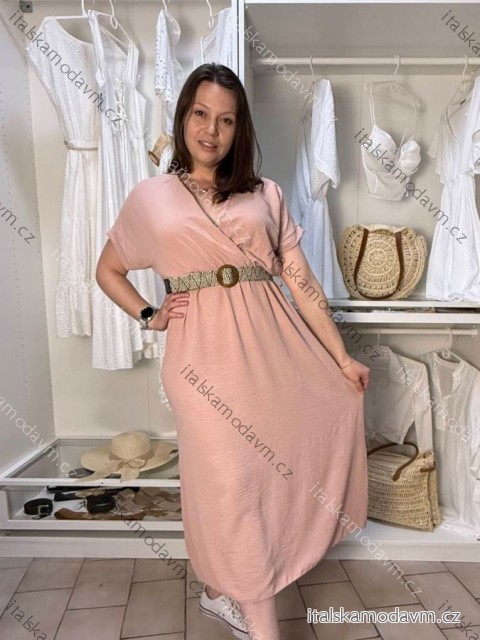 Šaty elagantní košelové s opaskom krátky rukáv dámske Luka (42/44/46 ONE SIZE) TALIANSKA MÓDA IMD25084/DUR  ružová staroružová