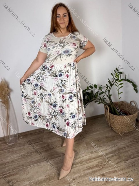 Šaty letní krátký rukáv dámské nadrozměr JULIE (52/54/56 ONE SIZE) ITALSKÁ MÓDA IMSM25012/DUR 52/54/56 béžová krémová