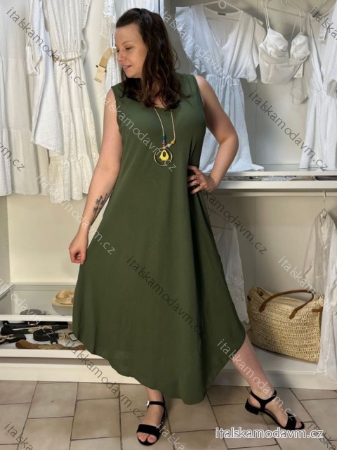 Šaty letné s príveskom bez rukávu dámske nadrozmer SIRENA(48/50/52 ONE SIZE) TALIANSKA MÓDA IMD25132/DU khaki 48/50/52