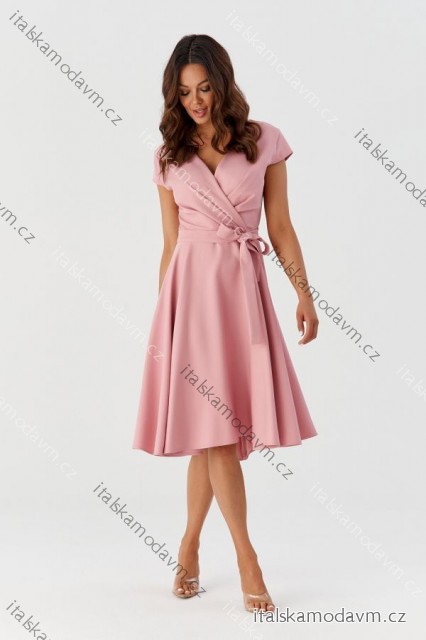 Šaty společenské třpytivé krátký rukáv dámské (36-54) POLSKÁ MÓDA PMLMR23ROXANA/DU růžová světlá 42